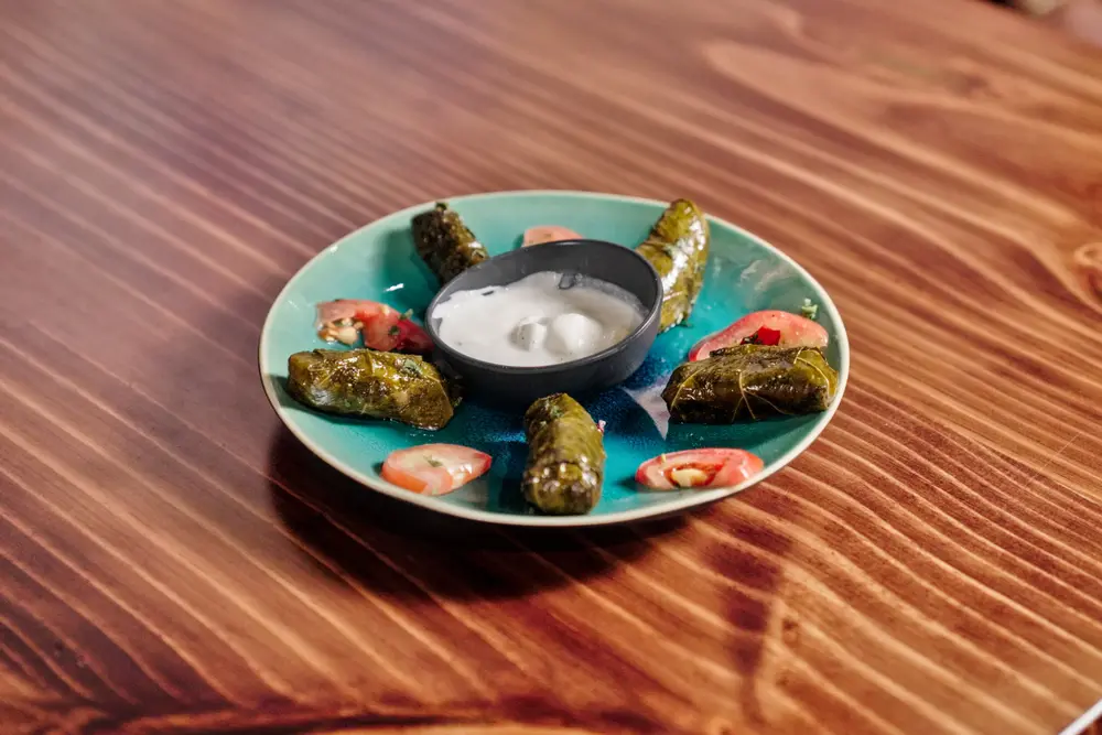 Dolmeh around a yogurt dip on a teal plate