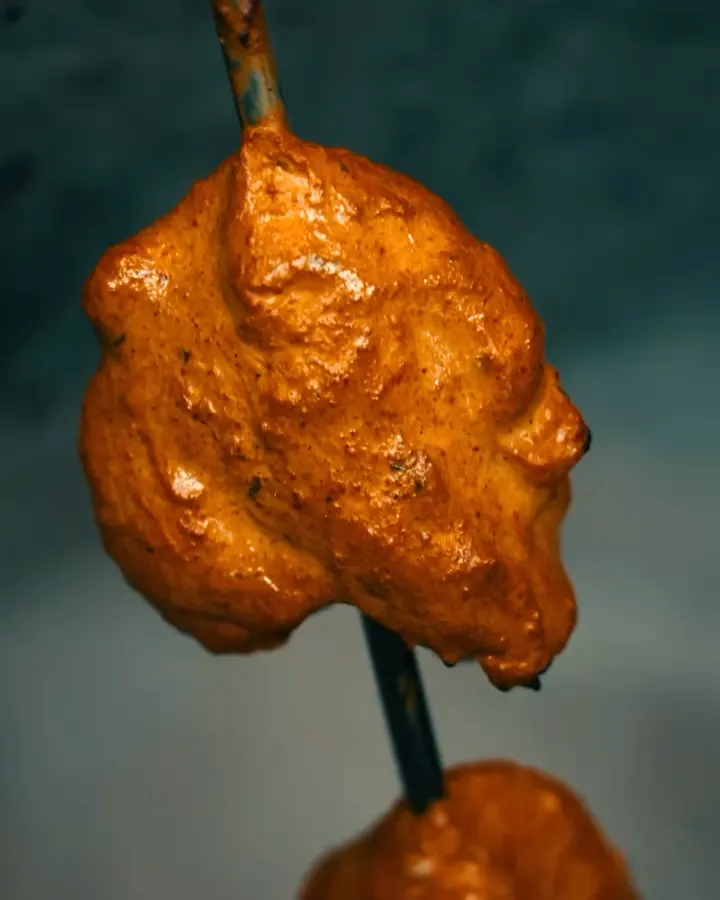 A piece of marinated chicken on the skewer